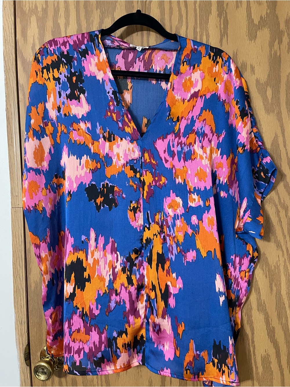 JODIFL Blue Abstract Print V-Neck Blouse with Pink & Orange Accents